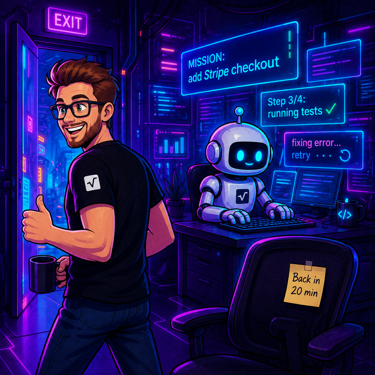 Un développeur part avec son café pendant qu'un robot IA travaille seul sur sa mission : l'agentic coding illustré