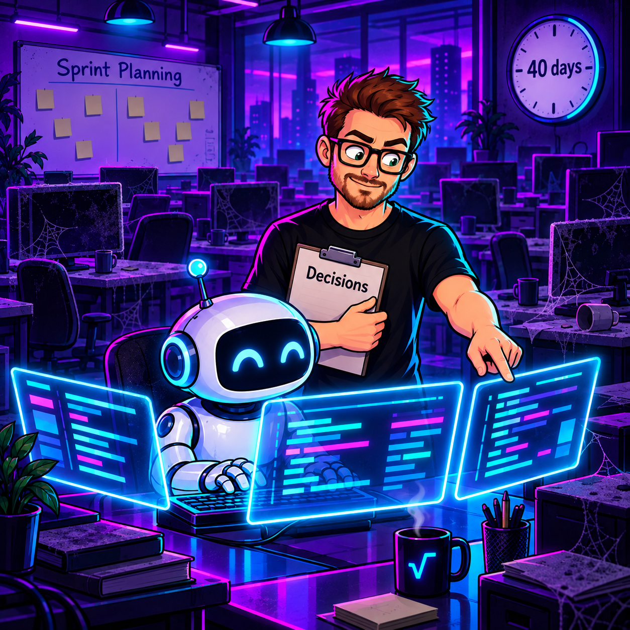 Un robot assis seul au bureau d'une agence vide, pendant qu'un développeur lui tend une liste de décisions à prendre