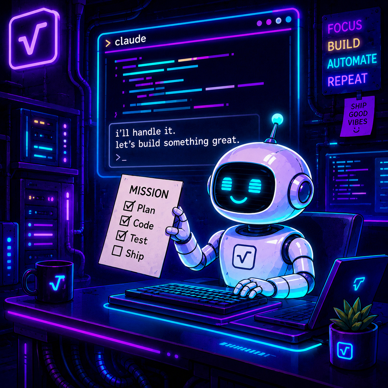 Claude Code pictured as a white robot working in a terminal, mission checklist in hand