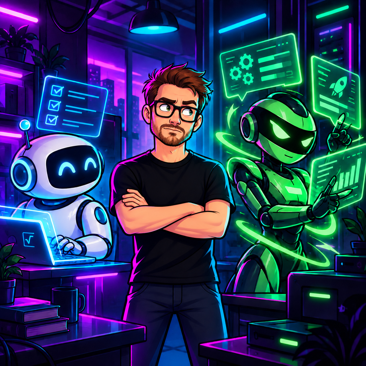 The developer with glasses, arms crossed, hesitating between Claude Code's white robot working on its laptop and Codex's green robot driving several screens at once