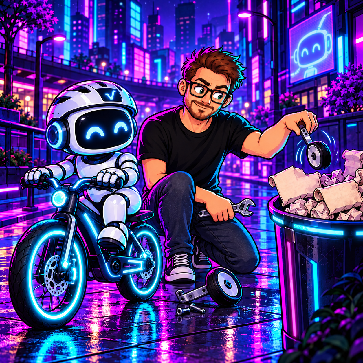 A developer removes the training wheels from a robot's bike and tosses them into a bin full of old papers, but leaves its helmet and brakes on