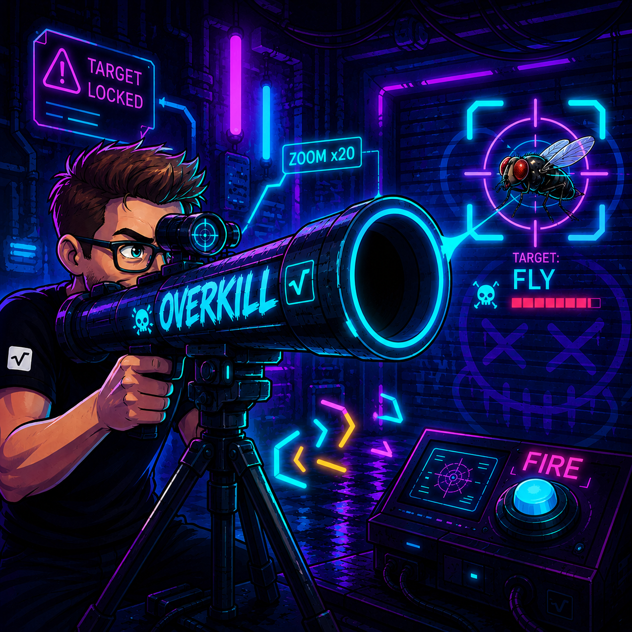 A developer aiming a scoped bazooka at a fly: over-engineering illustrated